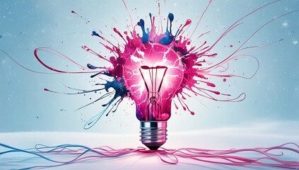 Light bulb bursting with pink and blue paint splashes on a white background, representing a surge of creative inspiration and innovative ideas. Made with Generative AI Technology