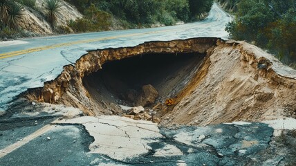 A large sinkhole has formed on a roadway, causing significant damage and posing a danger to drivers and pedestrians.