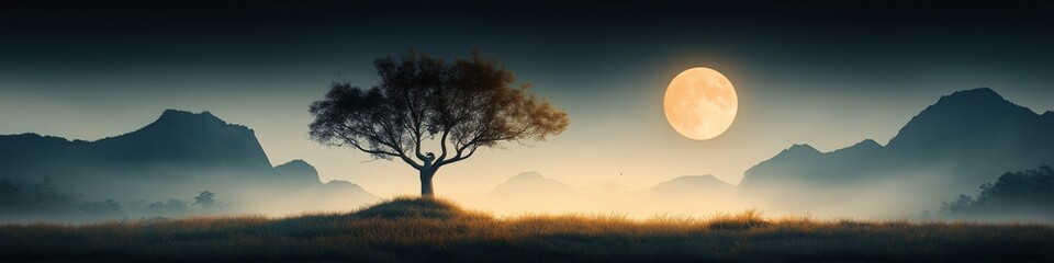 Solitary Tree under Full Moon: A lone, majestic tree stands sentinel against a backdrop of misty mountains, bathed in the ethereal glow of a full moon. The scene evokes a sense of peace and serenity