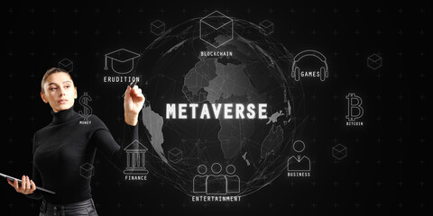 Poster - Attractive young woman with tablet using creative metaverse hologram on gray background. Technology, future and innovation concept.