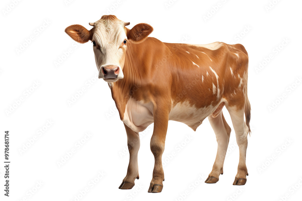 brown and white cow full-length standing in front of an isolated on a ...