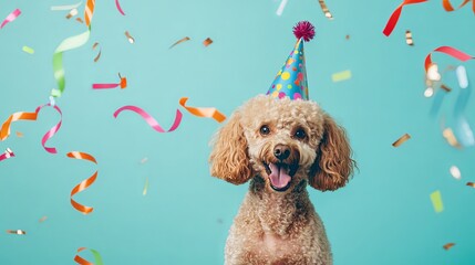 Poster - Cute poodle dog wearing a colorful birthday hat, surrounded by floating ribbons in the air, celebrating a fun birthday party with a minimalist background. 