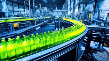 Wall Mural - A vibrant production line with green bottles moving along a conveyor belt in a factory.