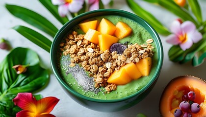 Tropical-inspired green smoothie bowl adorned with fresh fruits, granola, and matcha powder on a bright, inviting backdrop