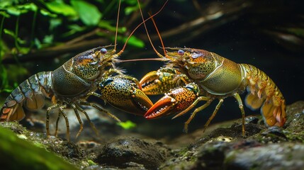 A pair of crayfish engaging in a territorial dispute in a freshwater creek.