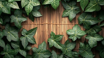 Poster - Green Leaves on Bamboo Mat TopAbove View : Generative AI