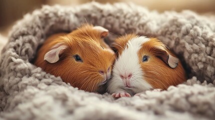 A pair of guinea pigs cuddling together in a soft bedding, displaying their affectionate behavior.