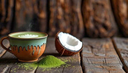 Ceramic cup of matcha green tea with coconut pieces and coconut powder on rustic wooden surface