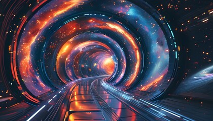 Vibrant cosmic tunnel revealing the mysteries of space and stars, a journey through the essence of interstellar travel and science fiction adventures