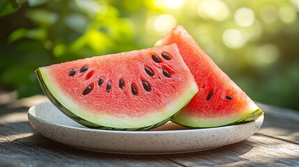 Two slices of watermelon on a plate, with a blurred background of green leaves and sunlight.