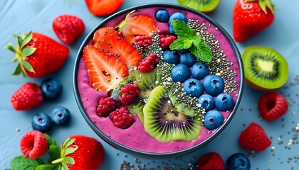 Canvas Print - Colorful smoothie bowl topped with chia seeds, strawberries, blueberries, kiwi slices, raspberries, and fresh mint leaves