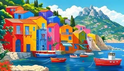 Wall Mural - Vibrant Mediterranean village with colorful houses and fishing boats set against a stunning mountain backdrop under a bright sunny sky