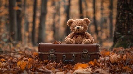 Wall Mural - A teddy bear sits on a suitcase in a forest filled with fallen leaves. 