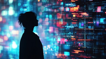 Silhouette of a person looking at a wall of digital data