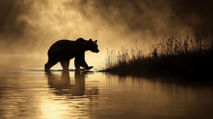 Wall Mural - A silhouette of a bear walking by the water, creating a serene nature scene.