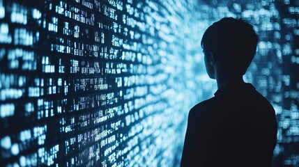 Canvas Print - Silhouette of a person looking at a wall of digital data. 