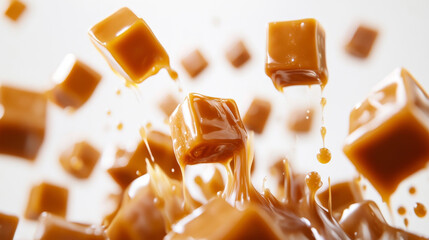 Wall Mural - Caramel cubes are floating in the air, some are melting and dripping. They are all against a white background.