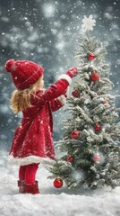 Wall Mural - A little girl decorating a christmas tree in the snow