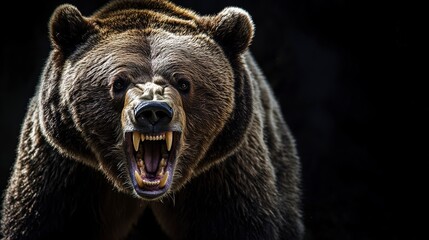 Canvas Print - a snarling bear with bared teeth, dark background, intense and fierce expression