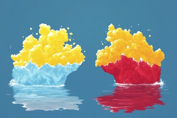 Bold abstract visuals of melting glaciers icebergs splitting and turning into water using contrasting colors.
