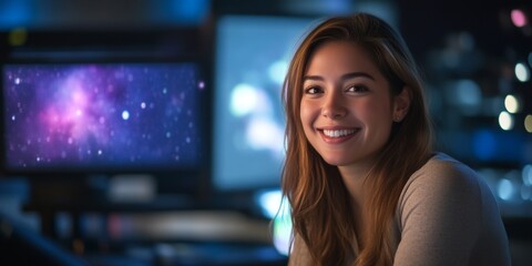 A young woman smiles while sitting in front of screens displaying cosmic imagery. The atmosphere is bright and inspiring. This portrait blends technology with personal warmth. AI