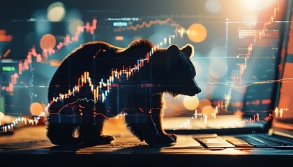 Wall Mural - Bear Market: Double Exposure of Trading and Financial Data in a Silhouette