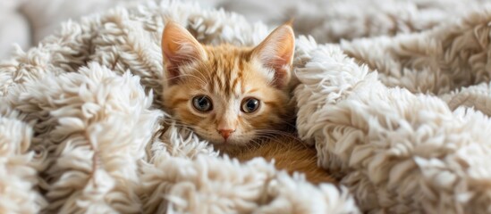 Wall Mural - Cute Kitten Snuggling in a Blanket