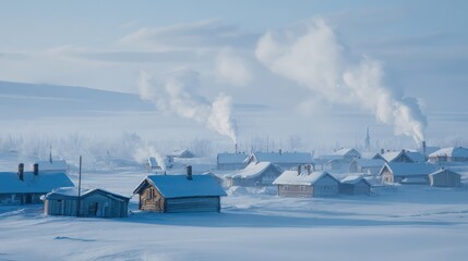 Wall Mural - A small village in Oymyakon surrounded by snow and ice, with smoke rising from chimneys into the freezing air.