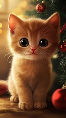 Poster - A kitten sitting in front of a christmas tree