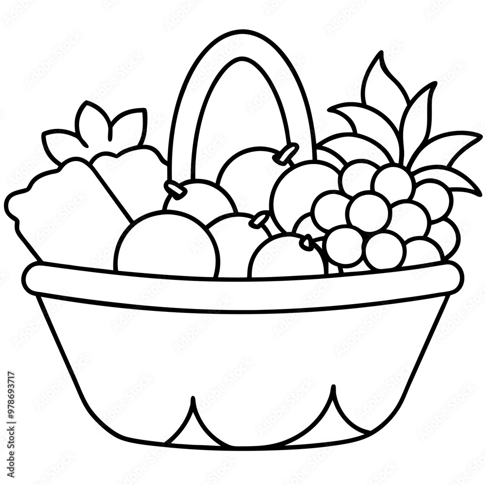 basket full of fruits and vegetables outline coloring book page line ...