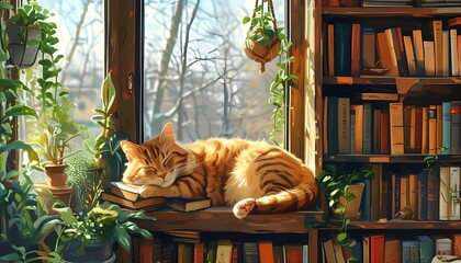 Serene cat lounging on bookshelf amidst books and lush indoor plants in a sunlit room with expansive windows