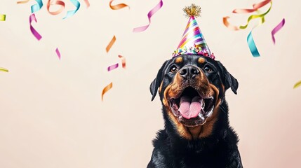 Wall Mural - A Rottweiler dog wearing a colorful birthday hat with floating ribbons in the air at a festive birthday party, set against a minimalist background. 