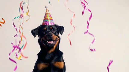 Wall Mural - A Rottweiler dog wearing a colorful birthday hat with floating ribbons in the air at a festive birthday party, set against a minimalist background. 