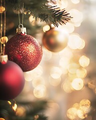 A close-up of red and gold Christmas ornaments hanging from a tree, with blurred twinkling lights in the background for a bokeh effect