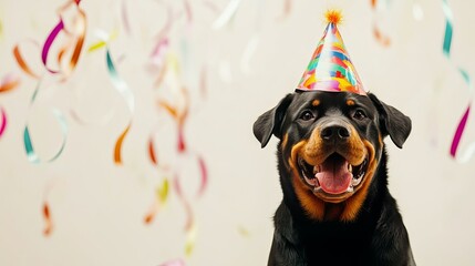 Wall Mural - A Rottweiler dog wearing a colorful birthday hat with floating ribbons in the air at a festive birthday party, set against a minimalist background. 