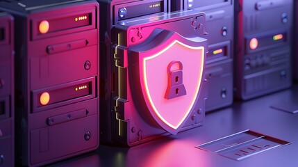 Poster - A digital illustration of a shield with a padlock, symbolizing data protection and cybersecurity in a modern server environment.