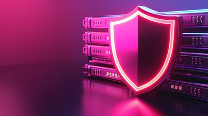 Poster - A digital shield symbolizing cybersecurity, set against a modern server backdrop with vibrant neon colors.