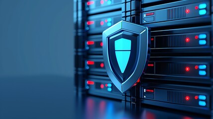 Poster - A digital shield symbolizing security on a server background, representing data protection and cybersecurity technology.