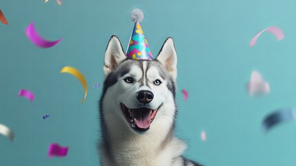 Wall Mural - Siberian Husky dog wearing a colorful birthday hat surrounded by floating ribbons in the air at a festive birthday party. 