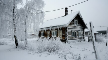 Wall Mural - A traditional Siberian wooden house, covered in ice and snow, in the village of Oymyakon.