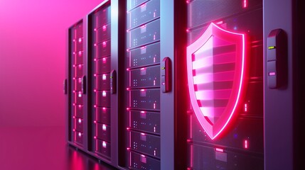 Poster - A modern data center featuring servers with illuminated security shields in a vibrant pink atmosphere, symbolizing protection and technology.
