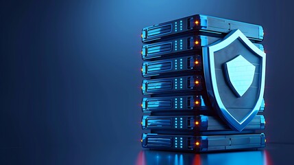 Poster - A modern data server rack with a shield symbol, representing cybersecurity and data protection in a digital environment.