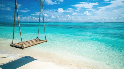 A wooden swing hanging over the beach in the Maldives, overlooking the turquoise sea.