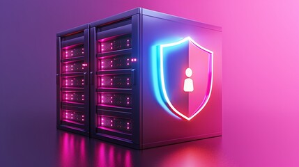 Poster - a modern data server with a glowing shield symbolizing security and protection in a digital environm