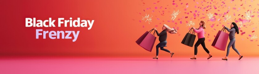 Black Friday Frenzy banner with three women running excitedly holding large shopping bags and confetti