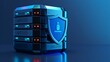© Tackey - A modern data server with a security shield, emphasizing cybersecurity and digital protection in a vibrant, blue environment.