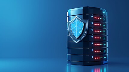 Poster - A modern data server with security shield, showcasing advanced technology and vibrant LED indicators in a sleek blue environment.