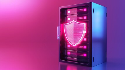 Poster - A modern server rack with a glowing shield symbol, representing digital security and data protection in a vibrant tech environment.