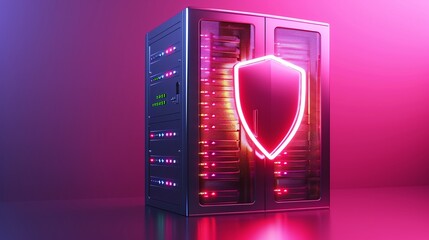 Poster - A modern server rack with neon protection shield, representing cybersecurity and data storage in a vibrant digital environment.