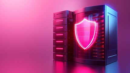 Poster - a modern server with a glowing shield, symbolizing cybersecurity and data protection in a vibrant di